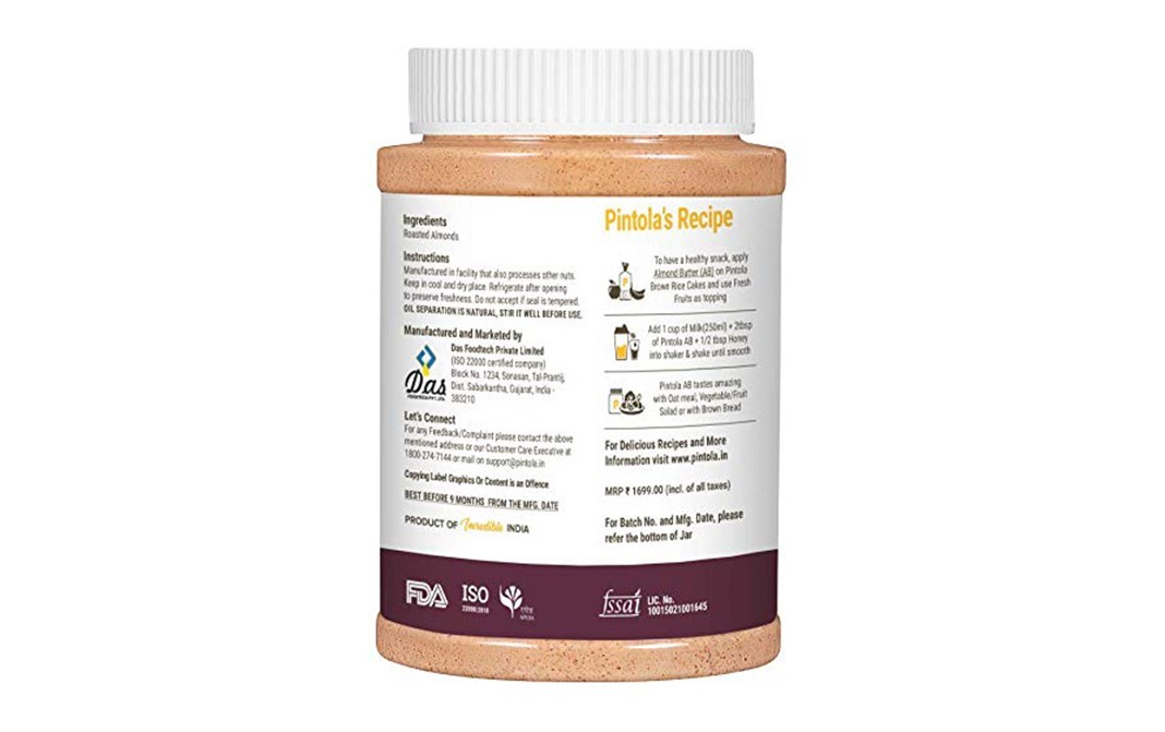 Pintola Almond Butter Crunchy All Natural Unsweetened   Plastic Jar  1 kilogram